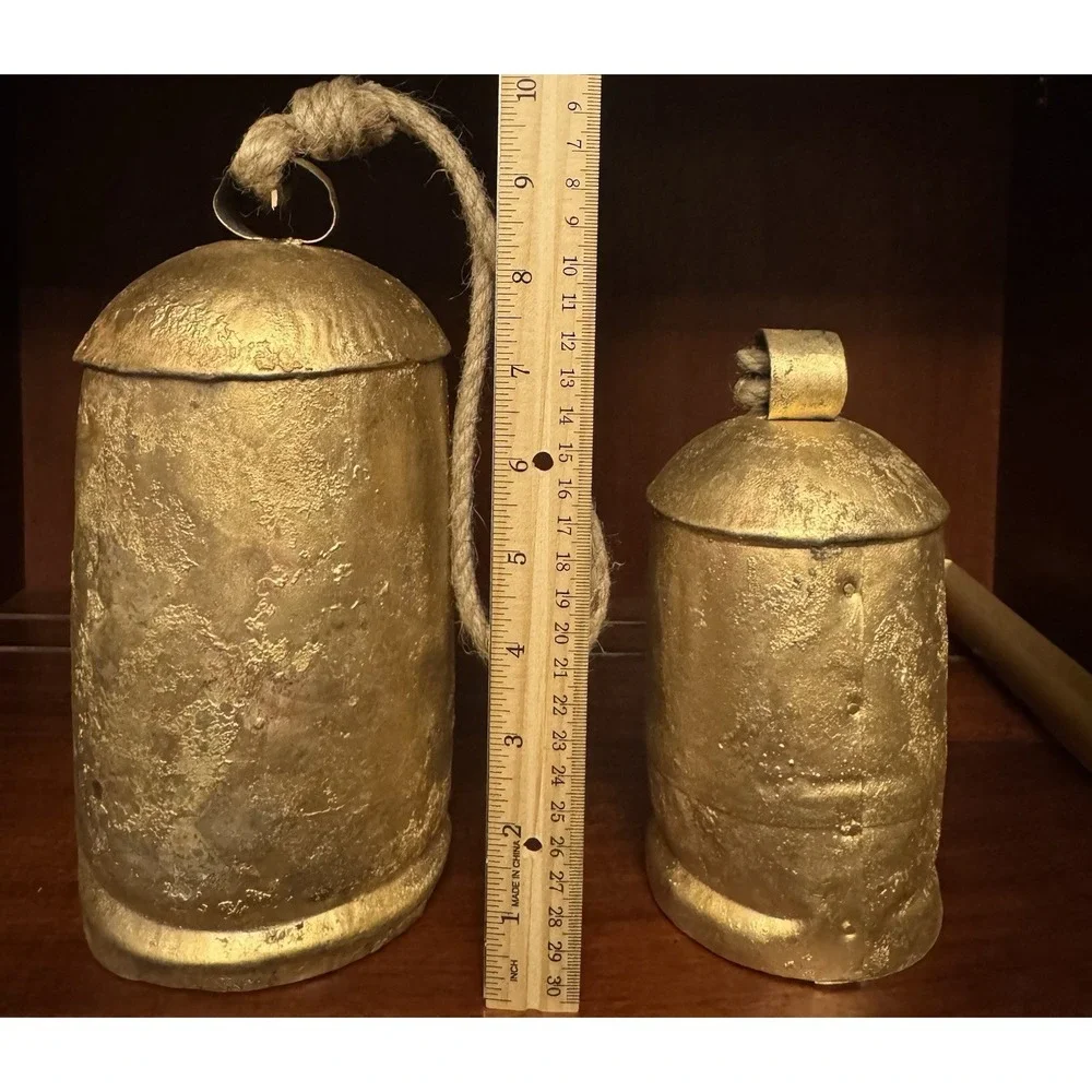 Rustic Metal BellSet of 2 Rope Hanging Farmhouse Cottage Decor